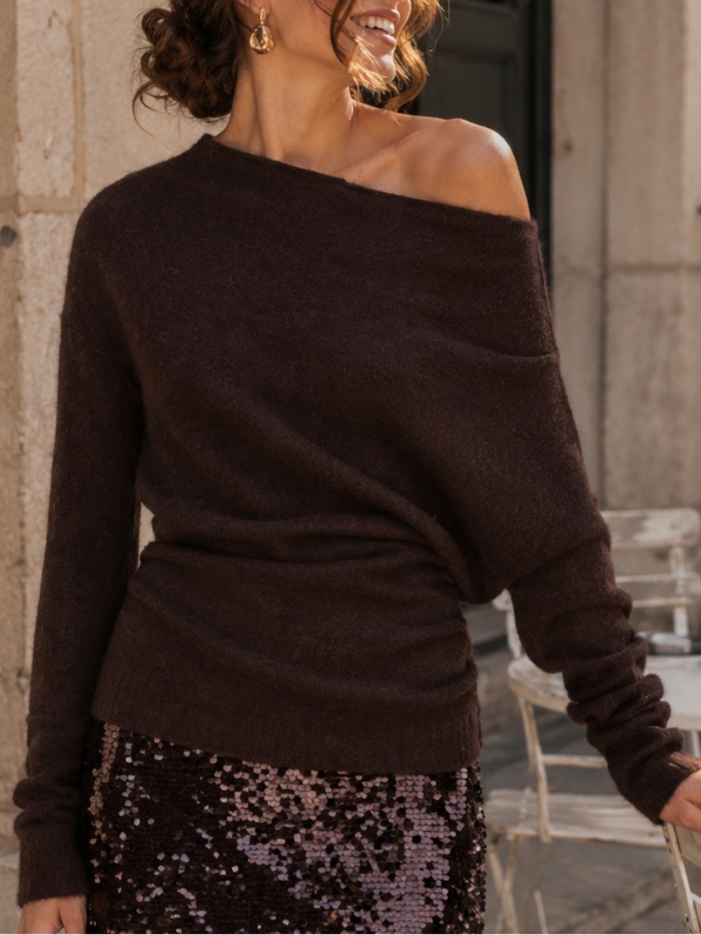 A.L.C Freya Off One Shoulder Asymmetrical Alpaca Blend Sweater Brown dark umber